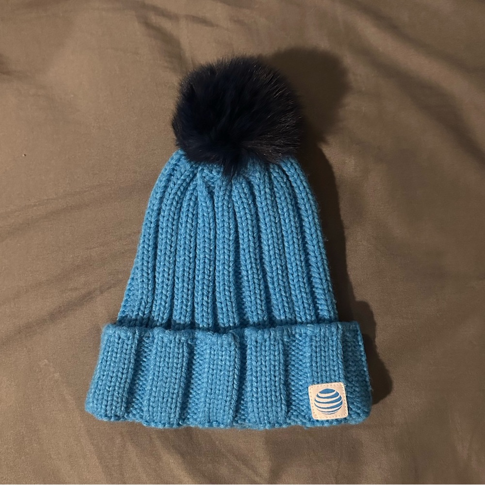 at&t blue beanie with detachable puffball